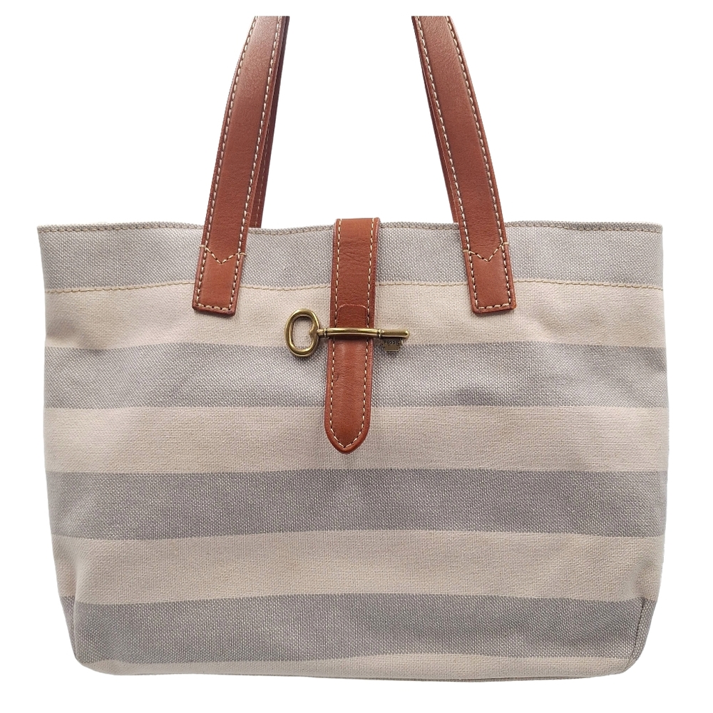 Fossil Striped Canvas Leather Austin Tote